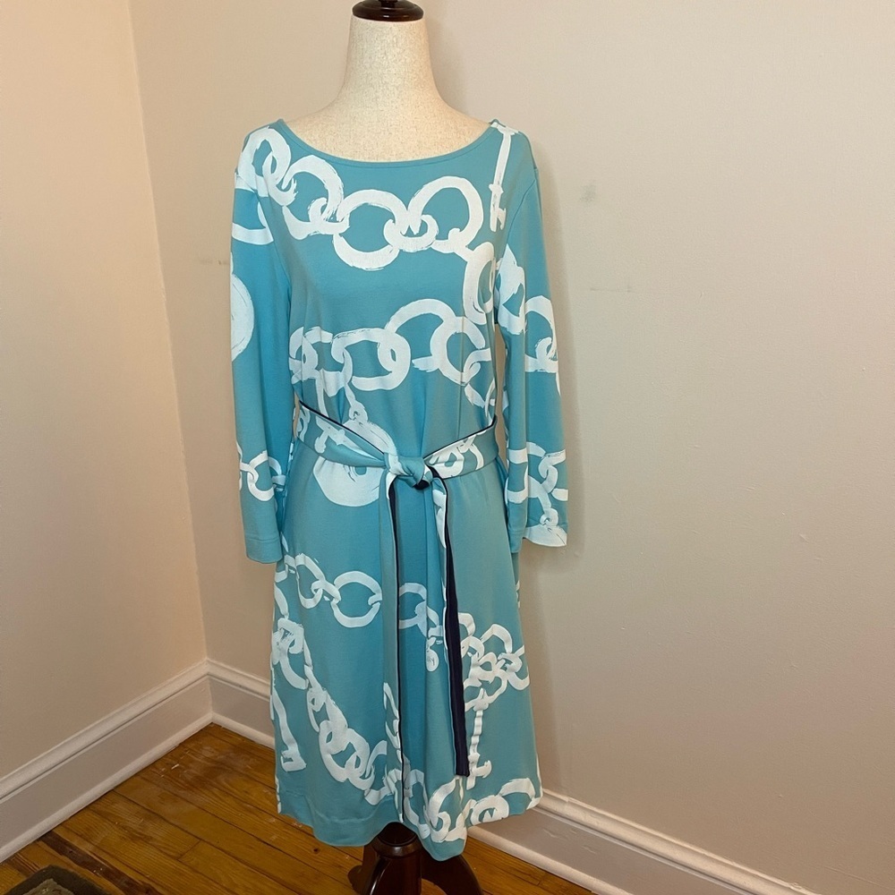 Lilly Pulitzer Jonah Dress L Blue White Chain Print Belted Long Sleeve Midi
